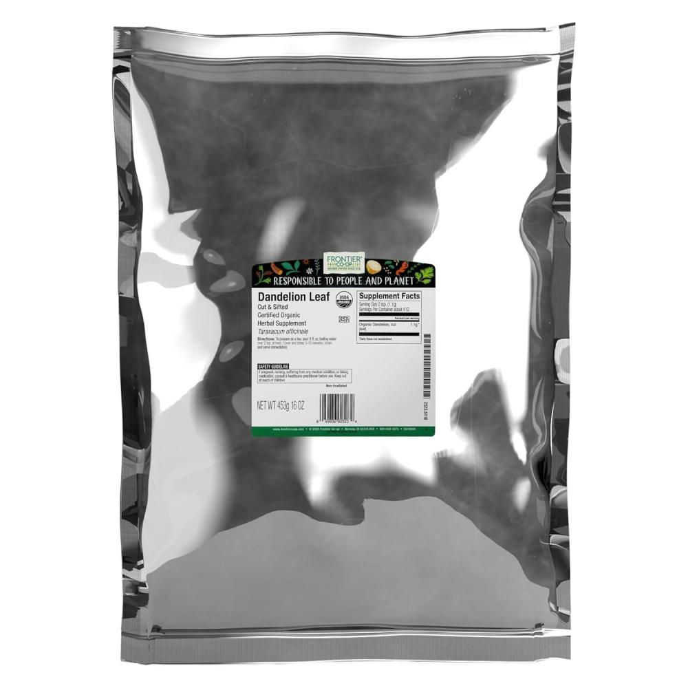 image:imageFrontier Coop Organic Dandelion Leaf Cut and Sifted Dried for Loose Tea CaffeineFree Coffee Alternative or Powder Supplement Capsules Kosher 16 Ounce Pack of 1