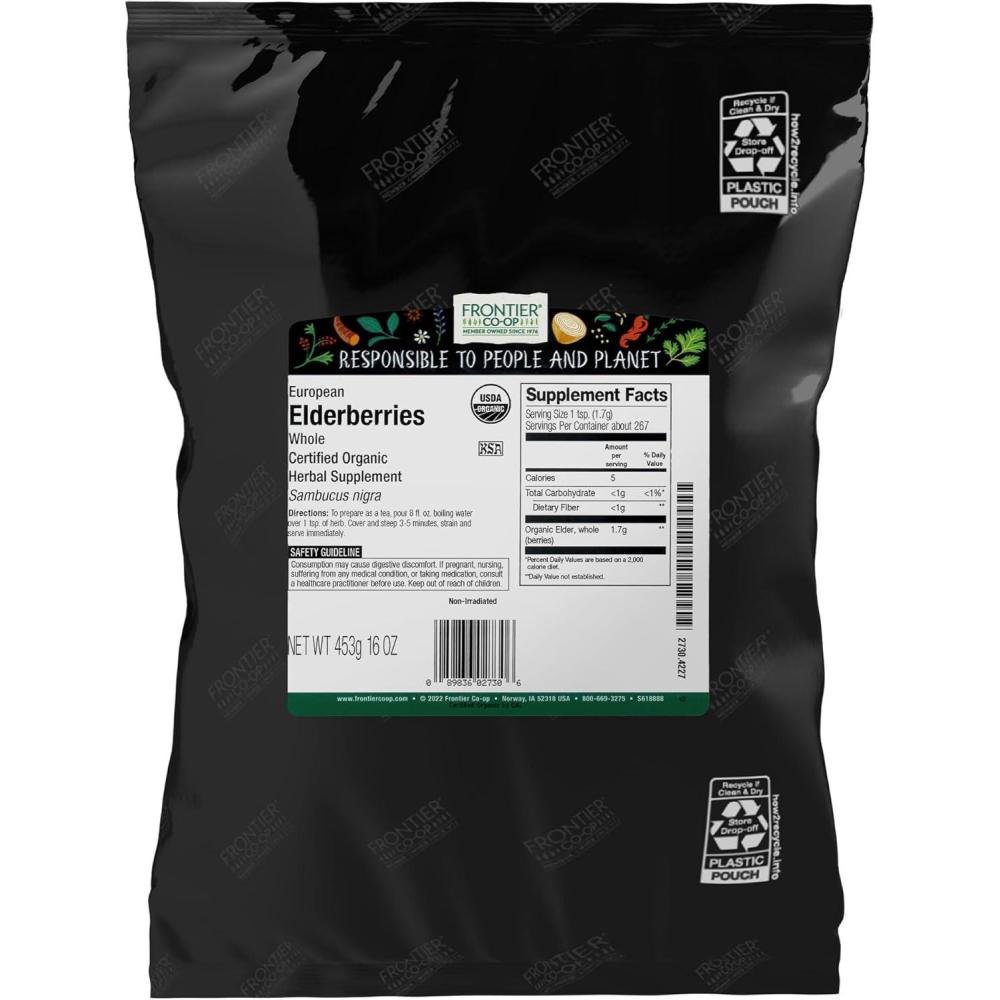 image:imageFrontier Coop Organic Dried Elderberries European Whole NonGMO Elderberry Berries Dried For Tea Immune Support Kosher 16 Ounce Pack of 1Natural Elderberry Organic