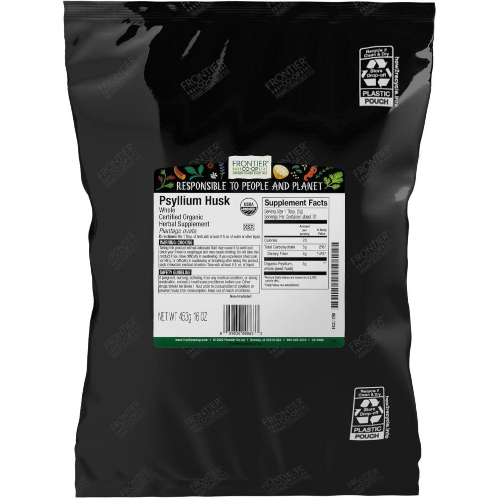 image:imageFrontier Coop Organic Whole Psyllium Husk Fiber for Baking Psyllium Nutritional Supplement for Digestion Kosher 16 Ounce Pack of 1