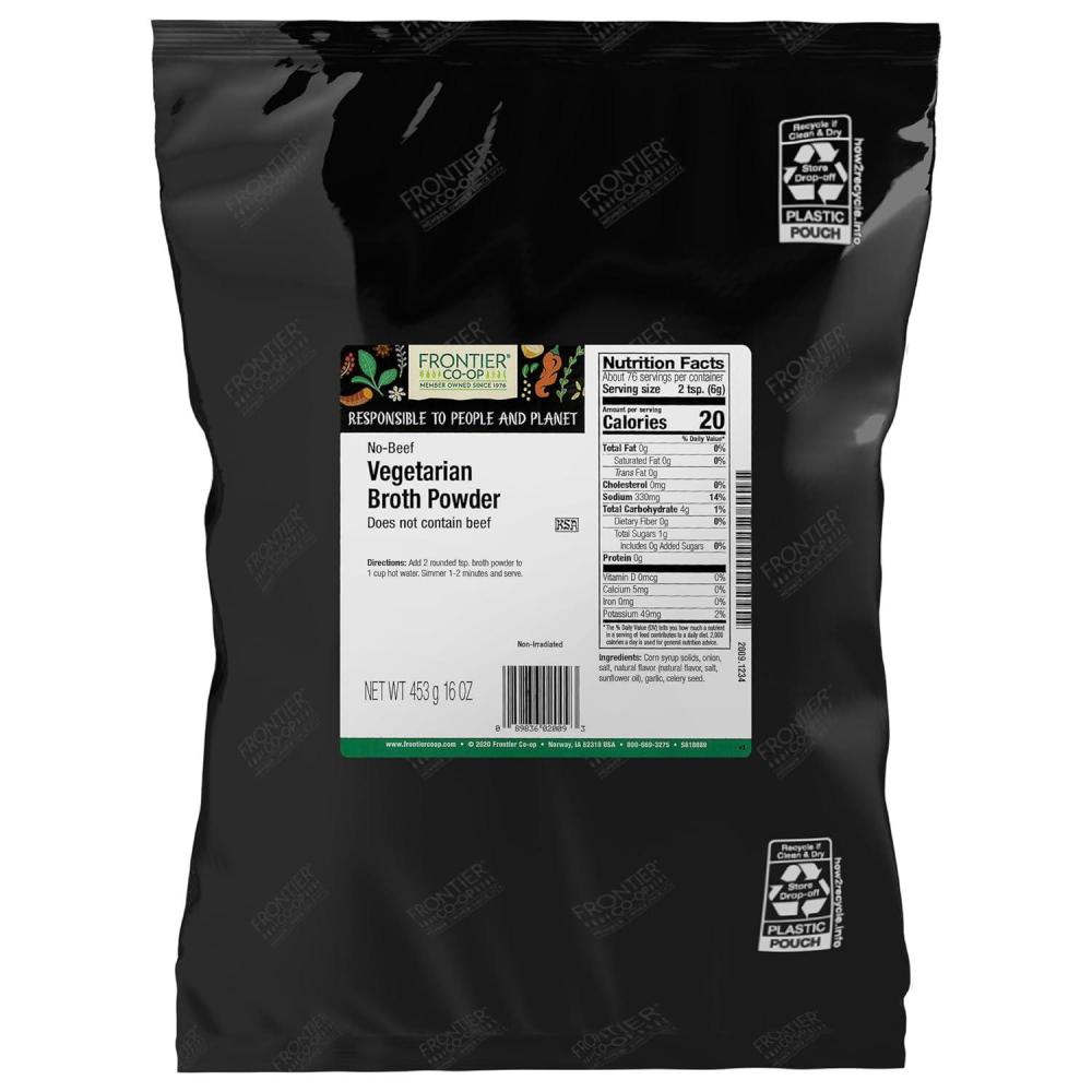 image:imageFrontier Coop Vegetable Flavored Broth Powder 1Pound Bulk Low Sodium Onion Garlic Carrot Basil Turmeric Celery SeedNoBeef Broth