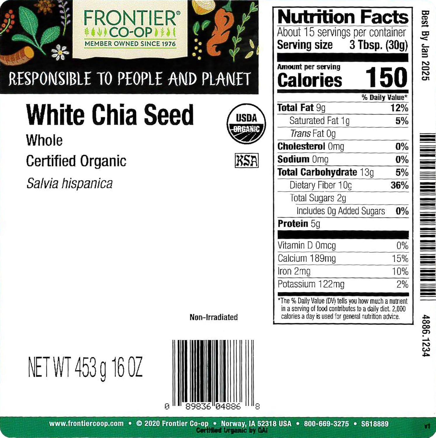 image:imageFrontier Coop Organic Chia Seeds Whole 16 Oz Bulk Bag For Chia Pudding Smoothies Baking and Salads